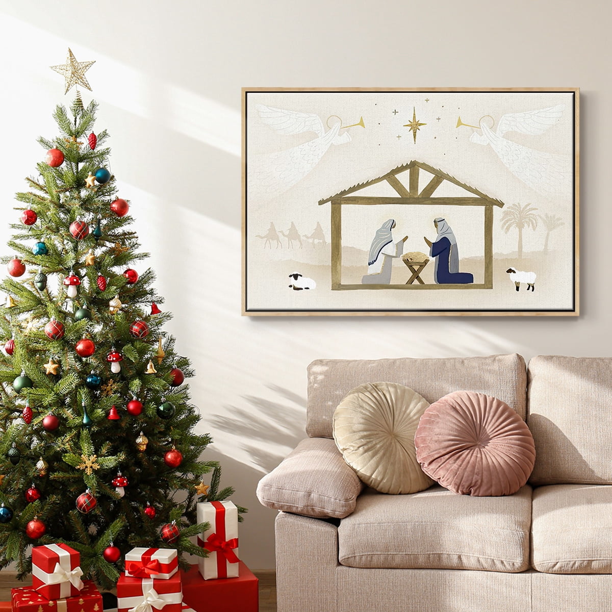 Away in a Manger Collection A - Framed Gallery Wrapped Holiday Canvas - 17 x 25 - Natural Wood Frame