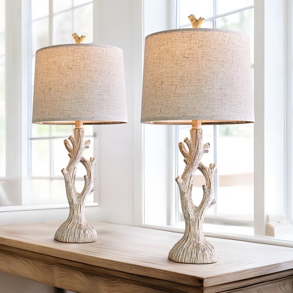 Oneach Farmhouse White Table Lamp Set of 2 for Living Room Bedroom 24.5" Rustic Resin Nightstand Bedside Lamps