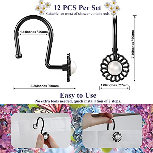 Floral Pearl Finish Shower Curtain Rings and Hooks Set, 12-Piece Matte Black Metal Rings with Hooks for Bathroom Decor