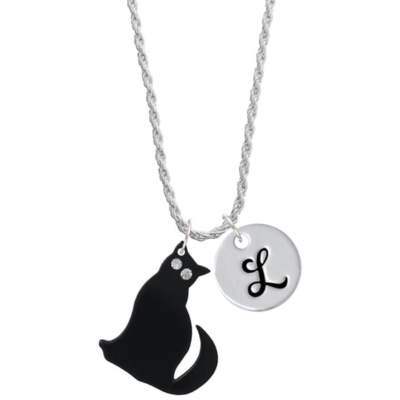 Delight Jewelry Acrylic Sitting Black Cat with Crystal Eyes Silvertone Script Initial Disc - L - Charm Necklace, 20"+3"