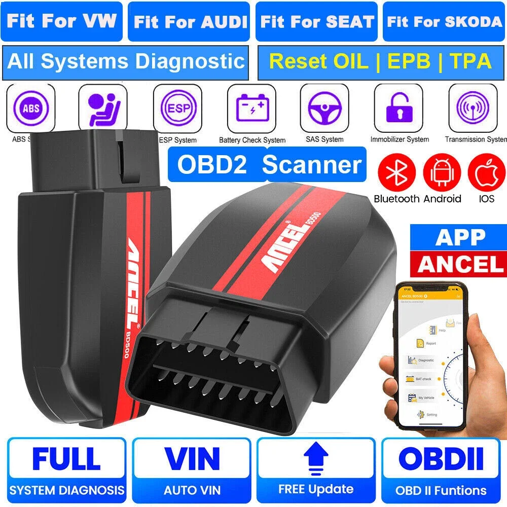 ANCEL BD500 Bluetooth OBD2 Scanner Fits for VW Audi Skoda Seat VAG Vehicles, Full System Car Diagnostic Tool Code Reader with Oil & EPB Reset, Throttle Learning, Lifetime Free Update