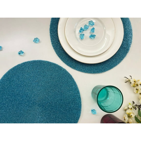 Set of 6, Handmade beaded placemat, beaded tablemat, 14 inch, blue charger
