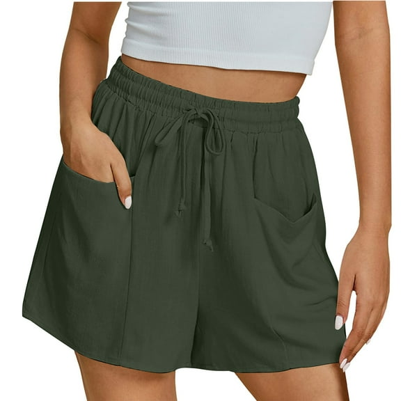 Homenesgenics Shorts for Women Plus Size Women's Linen Shorts Solid Color Comfortable Elastic Wide Leg Casual Shorts Green XXL