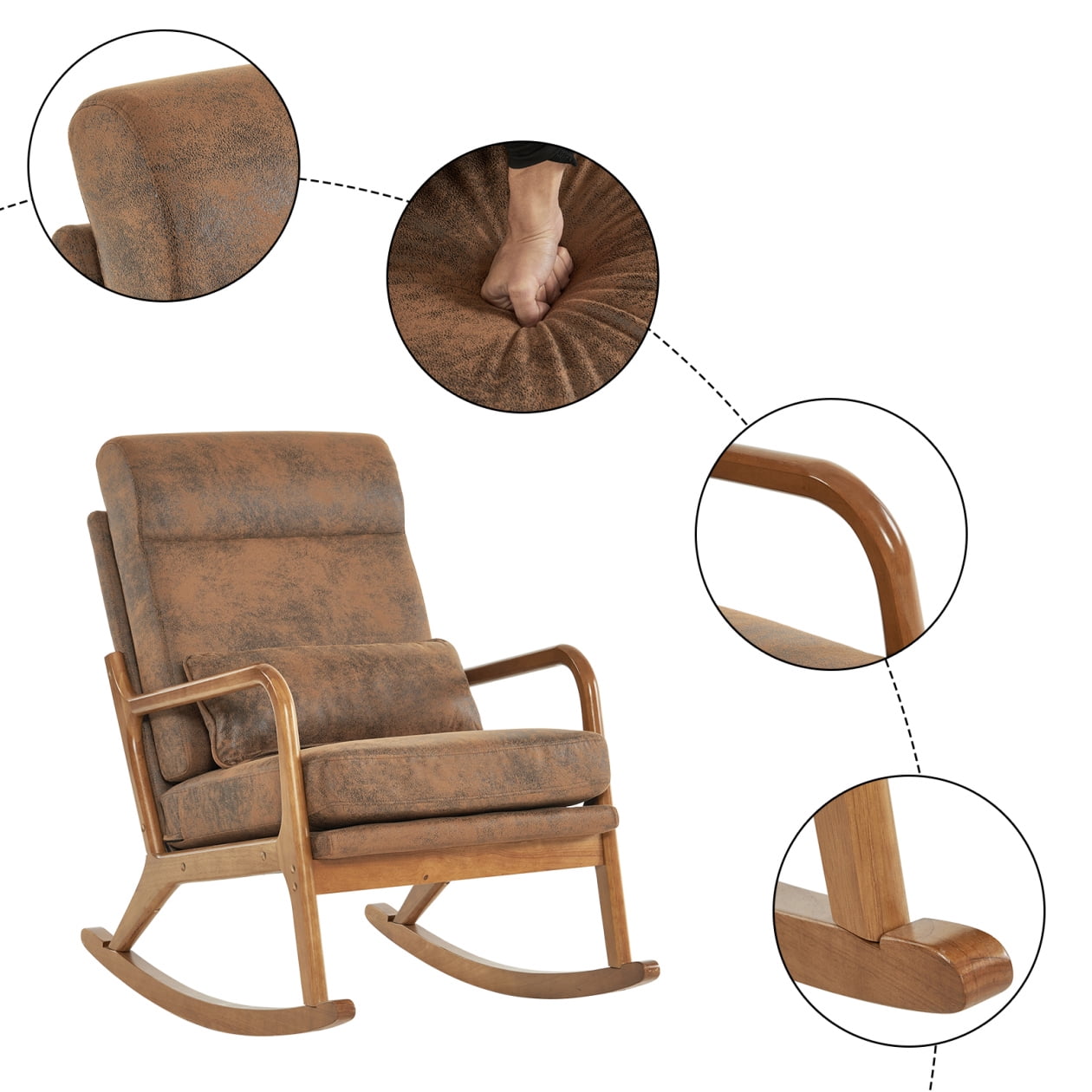 Nursery Rocking Chair, Upholstered Glider Rocker Indoor with High Backrest and Lumbar Pillow, Modern Accent Chairs Comfy Armchair Single Sofa Chair for Nursery Living Room Bedroom, Orange