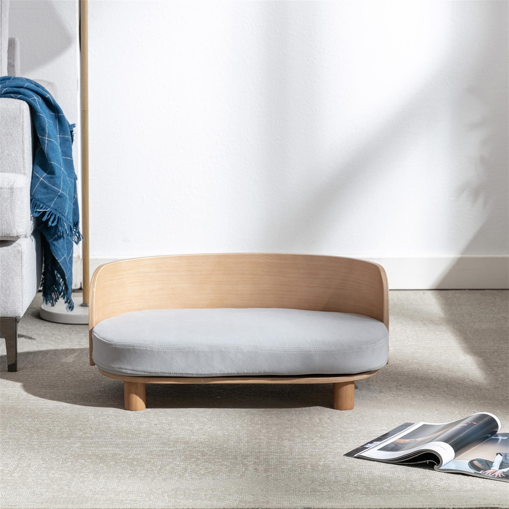 Pefilos 26" Modern Pet Sofa Dog Bed With Solid Wood legs and Bent Wood Back, Velvet Cushion, Walnut, Light Gray Pefilos 26" Modern Pet Sofa Dog Bed With Solid Wood legs and Bent Wood Back, Velvet Cushion, Walnut, Light Gray
