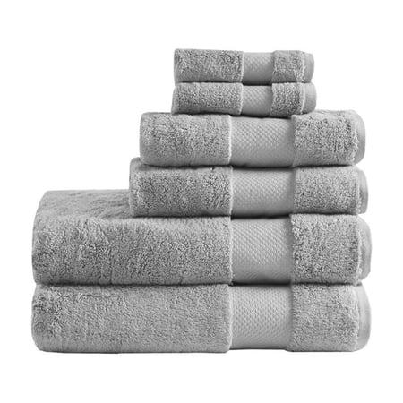 6 Piece 100% Cotton Bath Towel Set, Grey 600 GSM Low Twist Turkish Cotton Towels, OEKO-TEX Certified Dobby Border Soft Absorbent Bathroom Towel Collection