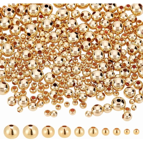 Gold 300Pcs 2/3/4/5/6mm 5 Size 14K Gold Round Spacer Beads Brass Filled Spacer Loose Beads Seamless Smooth Lasting Round Spacer Beads Mini Metal Ball Beads for DIY Necklace Bracelet Jewelry Making