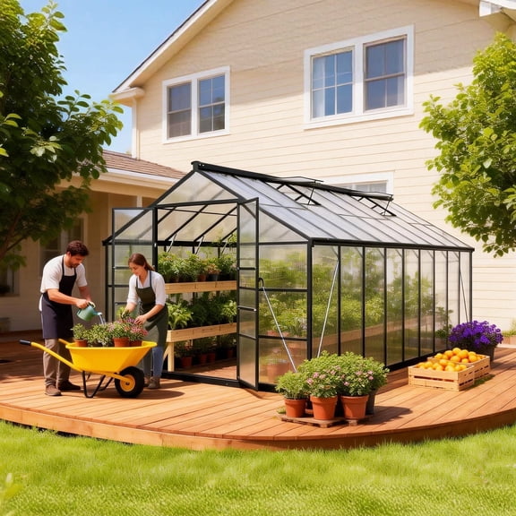 PABIMIA 10x18 FT Polycarbonate Outdoor Greenhouse, Aluminum Walk-in Greenhouse with Roof Vent, Black