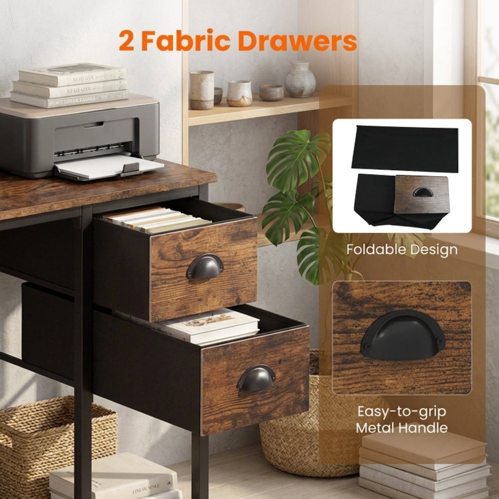 Furnibear Computer Desk Small Home Office Desk with Charging Station and 2 Fabric Drawers for Small Spaces Study, Rustic Brown