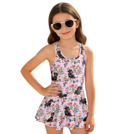 COEQINE Pretty Swim Dress for Girls One Piece Bathing Suit with Flowy Skirt for Pool Vacation & Summer Camp Scoop Neck & V-Back Swimsuit Sizes 12-13 Dachshund Floral Pink