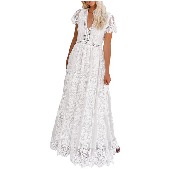 Bigersell Womens Dresses for Wedding Guest Women's V Neck Short Sleeve Floral Lace Wedding Dress Bridesmaid Cocktail Party Maxi Dress Beach Dresses Women's Plus Sheath Dresses, Style 36202, White L