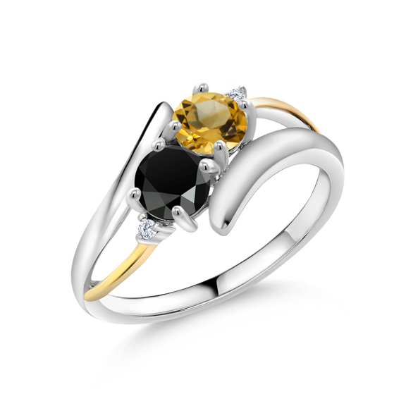 1.22 Cttw Yellow Citrine Black Onyx and White Lab Grown Diamond Ring for Women | 925 Sterling Silver and 10K Yellow Gold | Wedding Engagement Anniversary Promise Ring for Women | Size 7