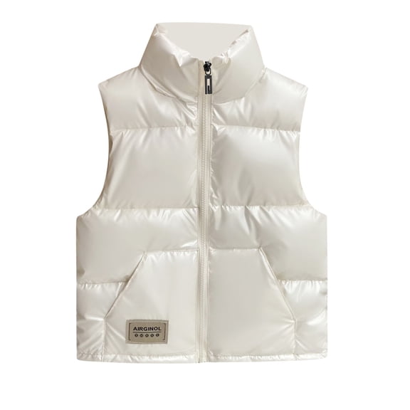 Fesfesfes Kids Unisex Shiny PU Puffer Vest Stand Collar Sleeveless Padded Winter Jacket, Warm Lightweight Outerwear for Boys and Girls Ages 4-13 Years
