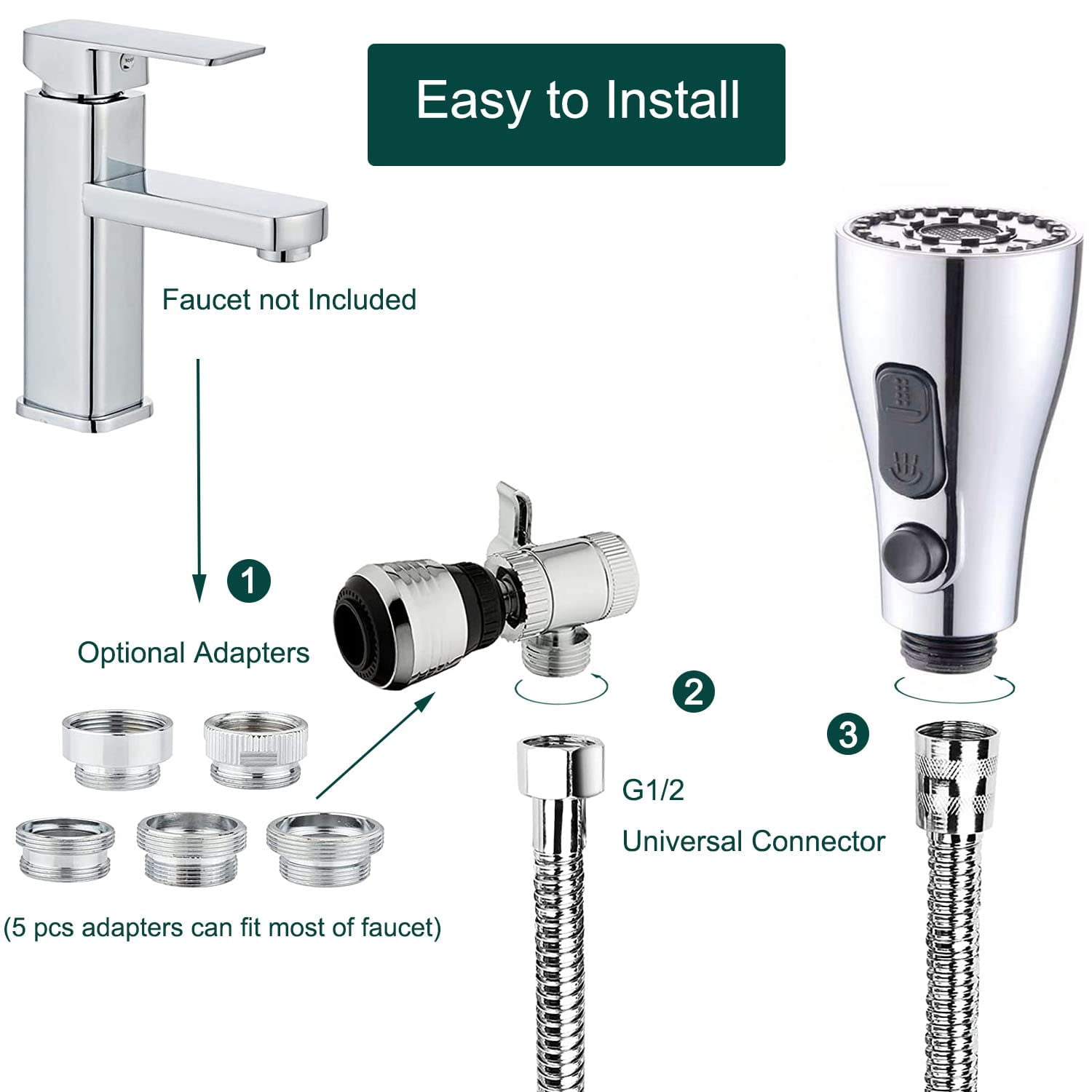 Kitchen Faucet Sink Sprayer Attachment Set 3 Modes Replacement Head With Stainless Steel Hose Aerator And Brass Diverter Valve (5 Adapter) For Washing Fruit Dishes Hair1
