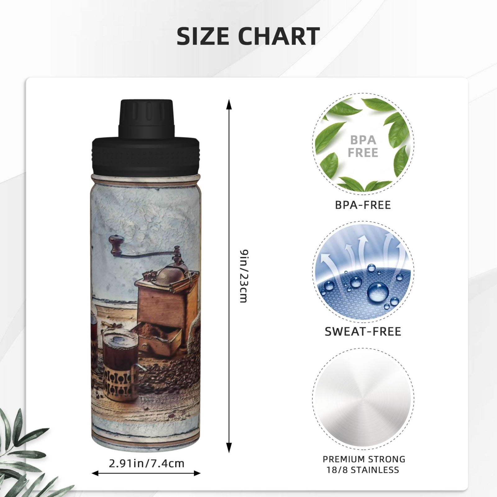 Picia Oil Lamp Coffee Beans Pattern Water Bottle 18 oz Stainless Steel Insulated Bottles With Handle Leak Proof Gym Sport Water Jug BPA-free insulated kettle For Men Women Adults