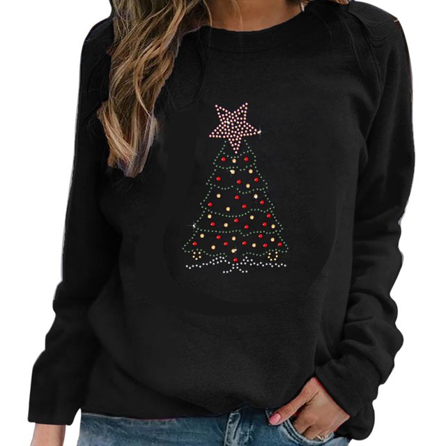Hauts de Noël en Solde Tendance Femmes Décontracté Col Rond Noël Strass Manches Longues T-Shirt Noir TTG