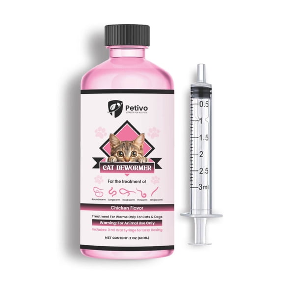 Petivo Dewormer for Cats Liquid – Chicken Flavor Cat Dewormer for Cats & Kittens – Oral Formula with Syringe – Tapeworm Care Support – 2 oz (60 ml)