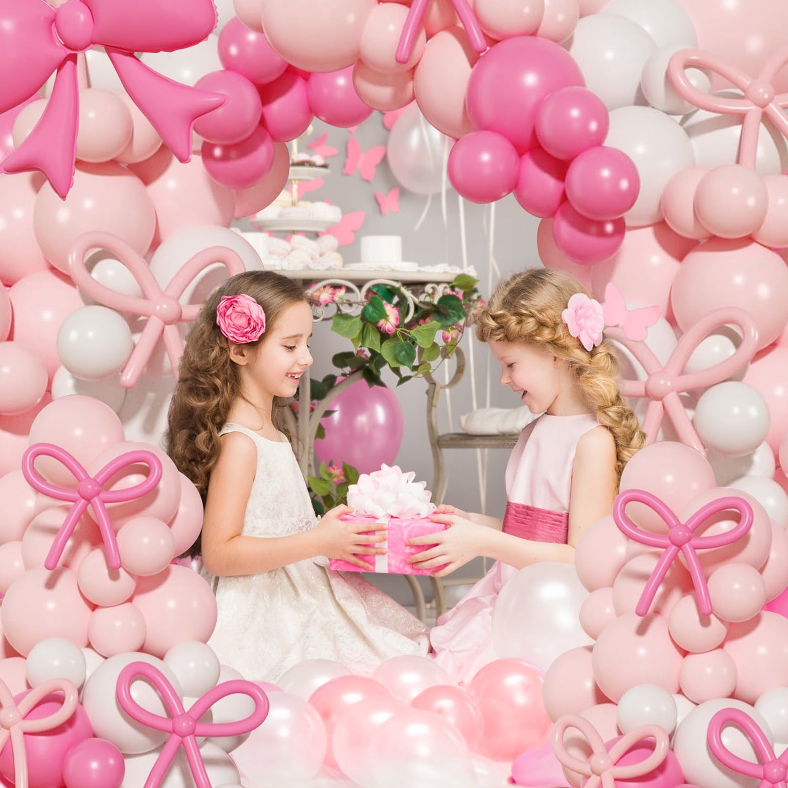 WODJR 149Pcs Bow Balloon Garland Arch Kit Coquette Birthday Decorations Pink White Balloon Arch Hot Pink Bowknot Balloon for Wedding Bridal Shower Girl Birthday Engagement Coquette Bow Party Supplies