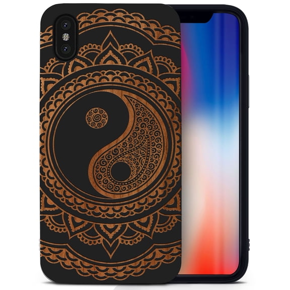 Case Yard Wooden Case for iPhone-XS-Max Soft TPU Silicone cover Slim Fit Shockproof Wood Protective Phone Cover for Girls Boys Men and Women Supports Wireless Charging Ying Yang Mandala 2 Design