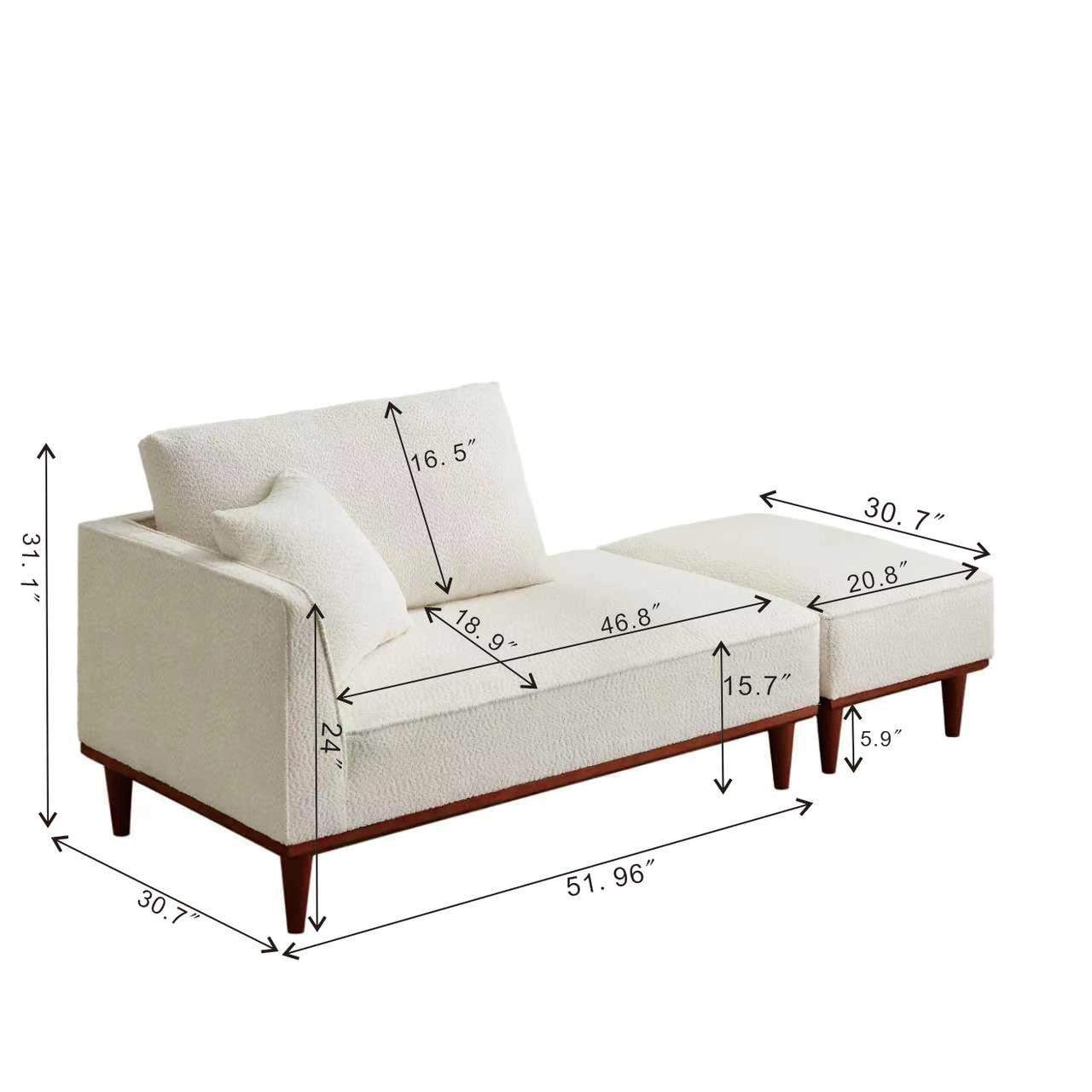 Upholstered Chaise Lounge and Stool, Convertible Chaise Lounge Chair with Detachable Ottoman for Living Room Bedroom Small Space, Easy Assembly, White