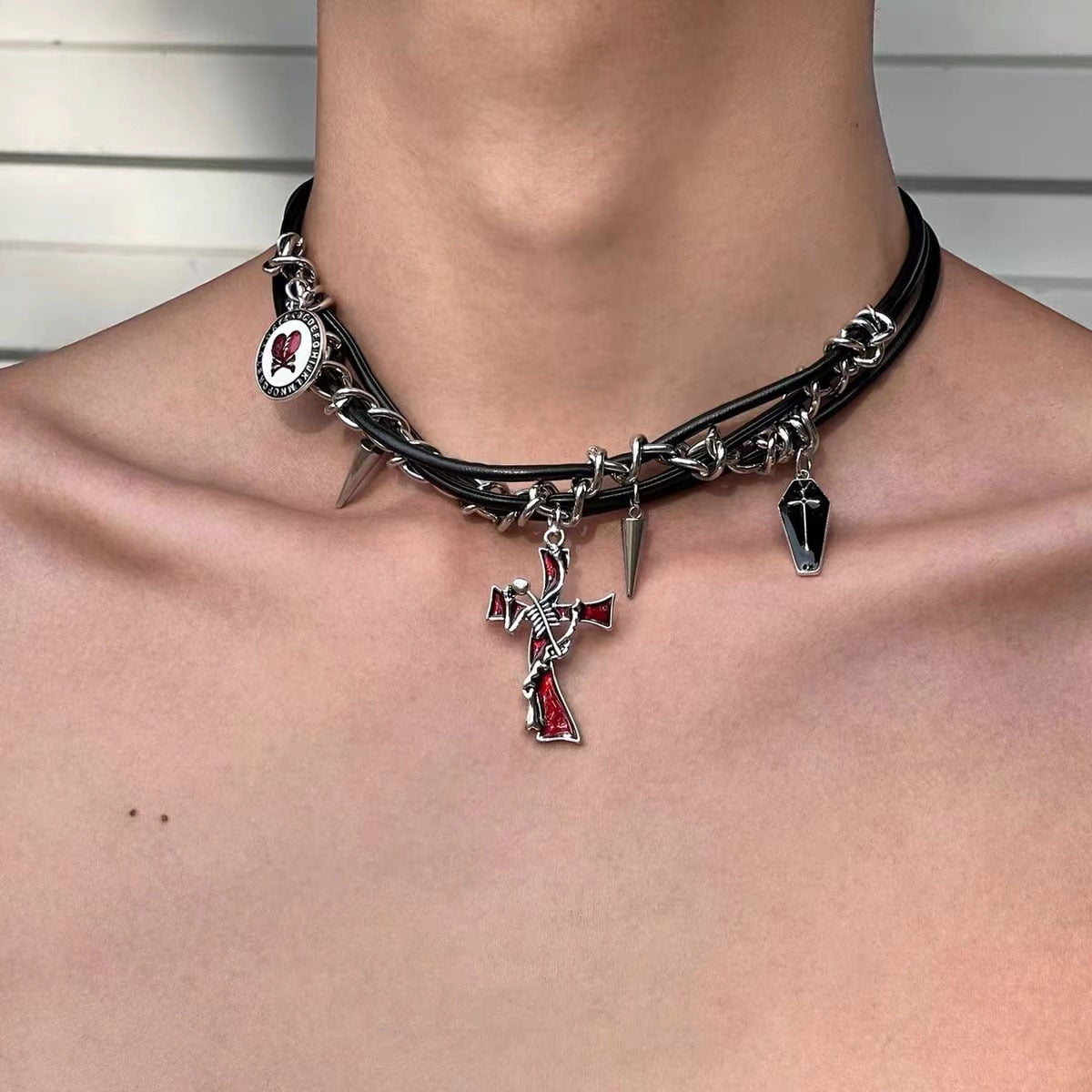 国内で当店のみ Nevstudio - Studded l Leather Necklace Punk Rock Gothic Spike Studded Leather Choker Biker Rivet