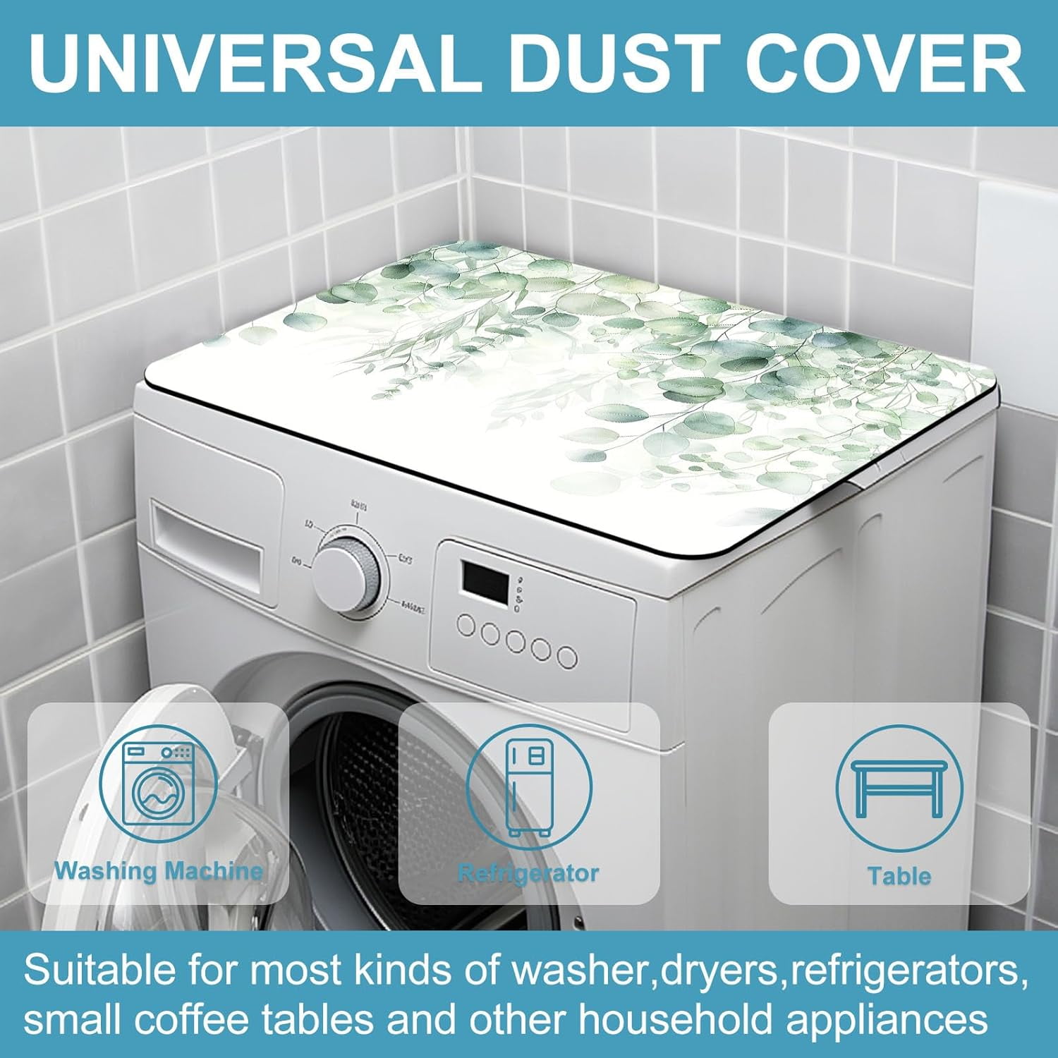 Non-Slip Washer & Dryer Top Cover Protector Mat Dust-Proof Washing Machine Cover Pad With Green Leaf Design Universal 23.6"x19.7" for Laundry Room & Kitchen Decor