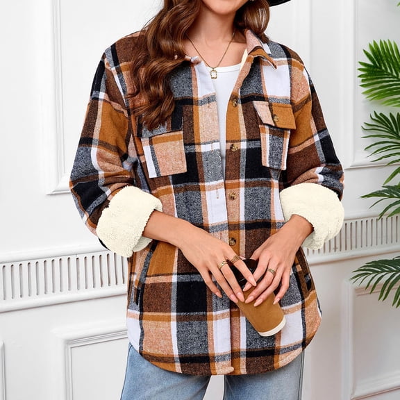 FNFYFH Plaid Jacket for Women Thick Fleece Lined Long Sleeve Flannel Shirt Button Down Lapel Tartan Shacket Jackets