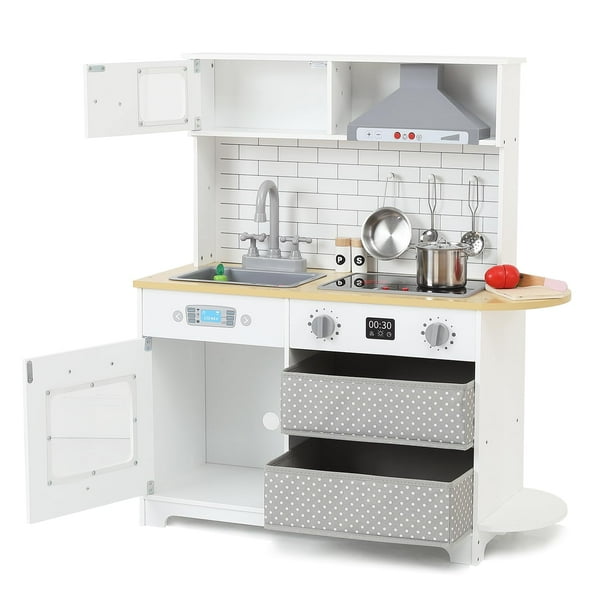 CazToi Set de juego de cocina de imitación de MDF con 2 cajones de tela, cocina de juguete para niños, regalo de juguete de cocina para juego de roles
