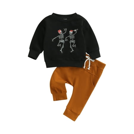 

wybzd Baby Boys Girls 2Pcs Christmas Outfits Long Sleeve Skeleton Santa Print Pullover Tops + Knot Front Pants Clothing Set
