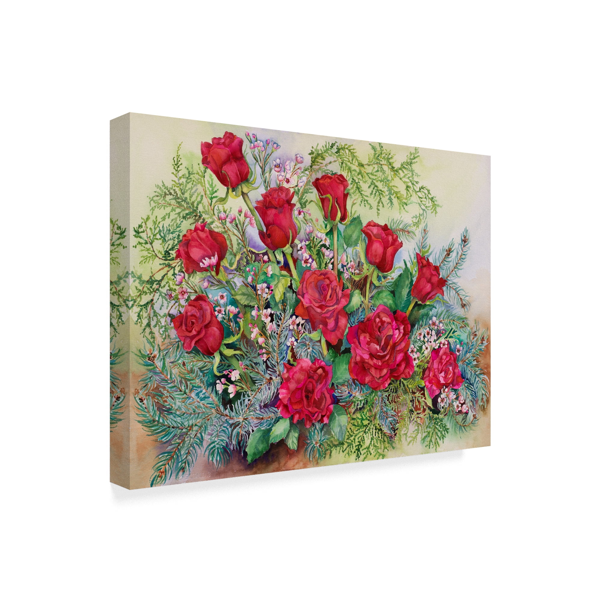 Trademark Fine Art 'Red Roses With Evergreens' Canvas Art by Joanne Porter