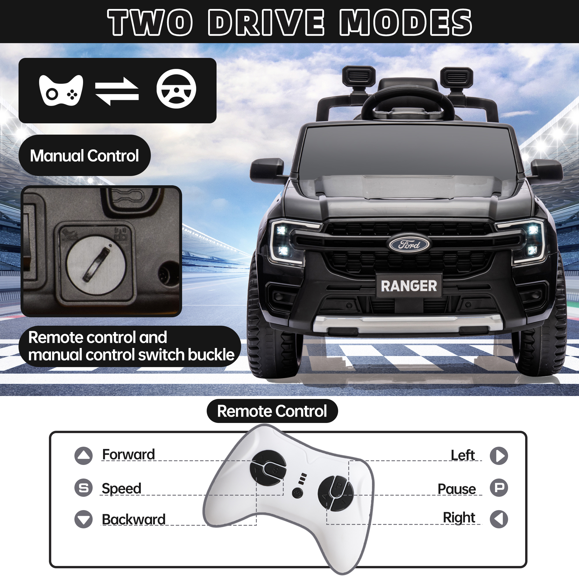 12V Powered Ride on Truck, Ford Ranger Ride on Toy Cars with Remote Control, Rear Wheels Suspension, Safety Belt, MP3 Player, Electric Ride on Cars for Kids Boys Girls 3-6 Ages, Black