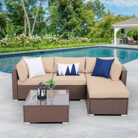Superjoe Outdoor Furniture Set 5 Pcs Patio Sectional Sofa All Weather Conversation Set with Coffee Table Brown Wicker Beige Cushions