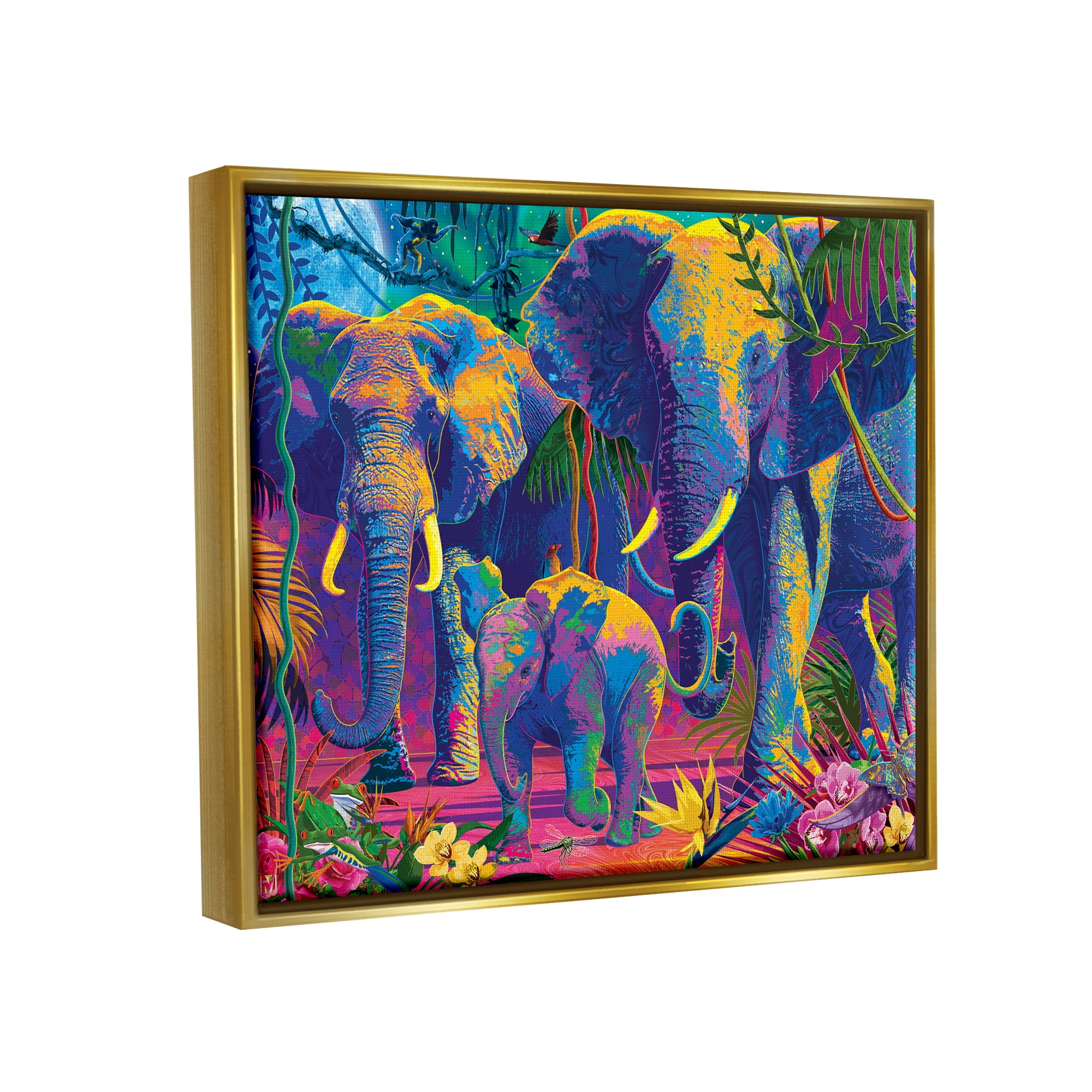 Stupell Industries Elephants in Vivid Hues Animals & Insects Painting Gold Floater Framed Art Print Wall Art, 21 x 17