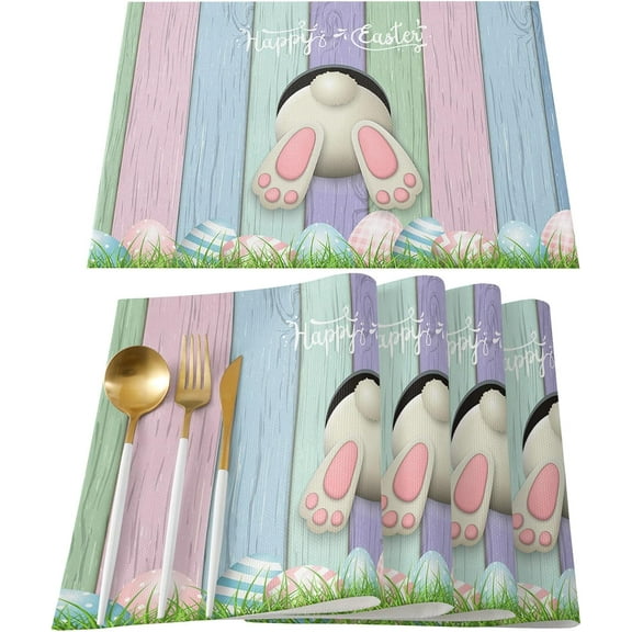 Easter Day Placemats Set of 4 - Spring Easter Bunny Colorful Wooden Board Place Mat for Dining Table Washable Cotton Linen Table Mats, 12 x 18 Inch