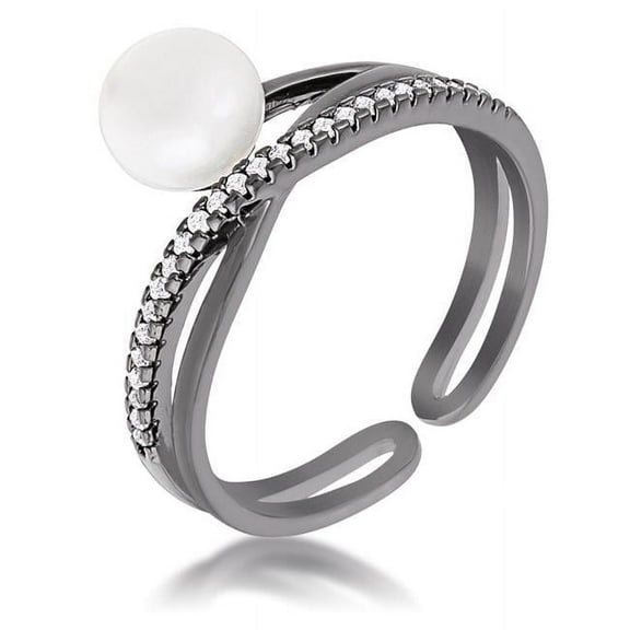 Precious Stars R08729B-C84-05 Precious Stars Blackplated Cubic Zirconia and Pearl Bypass Half Ring
