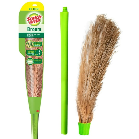 Scotch-Brite Balai en Fibre Plastique Sans Poussière - Vert Long Manche, Nettoyage Facile des Sols - Jhadu Multi-Usage, Poils Non Emballés Manche Amovible - Jhadoo en Plastique