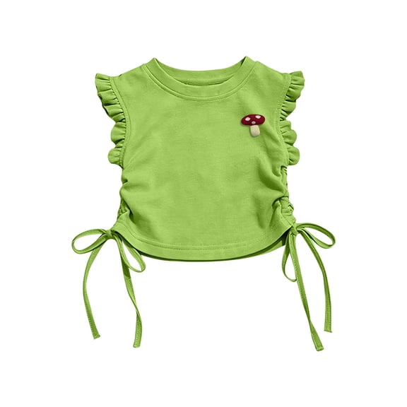 Girls Ruffle Cap Sleeve Crop Top Soft Cotton Mushroom Applique Shirt Kids Side Tie Kids Summer Blouse Green,Size 2-3T