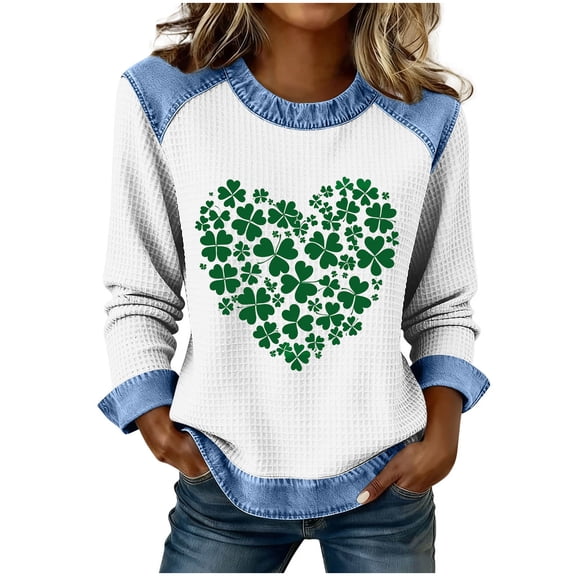 BLVB St Patricks Day Sweatshirt Women Shamrock Waffle Sweatshirts Denim Patchwork Clover Graphic Pullover Tops