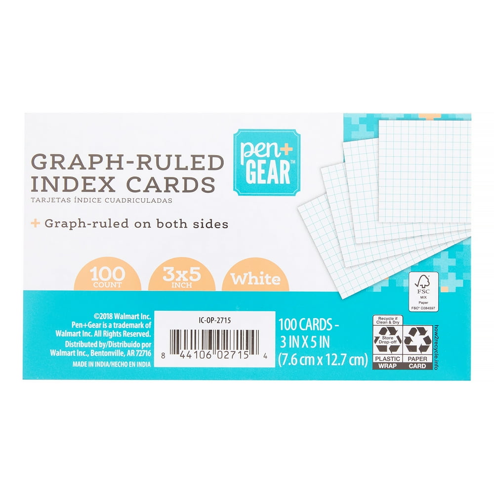 Pen + Gear GraphRuled Index Cards, White, 100 Count, 3" x 5" Walmart