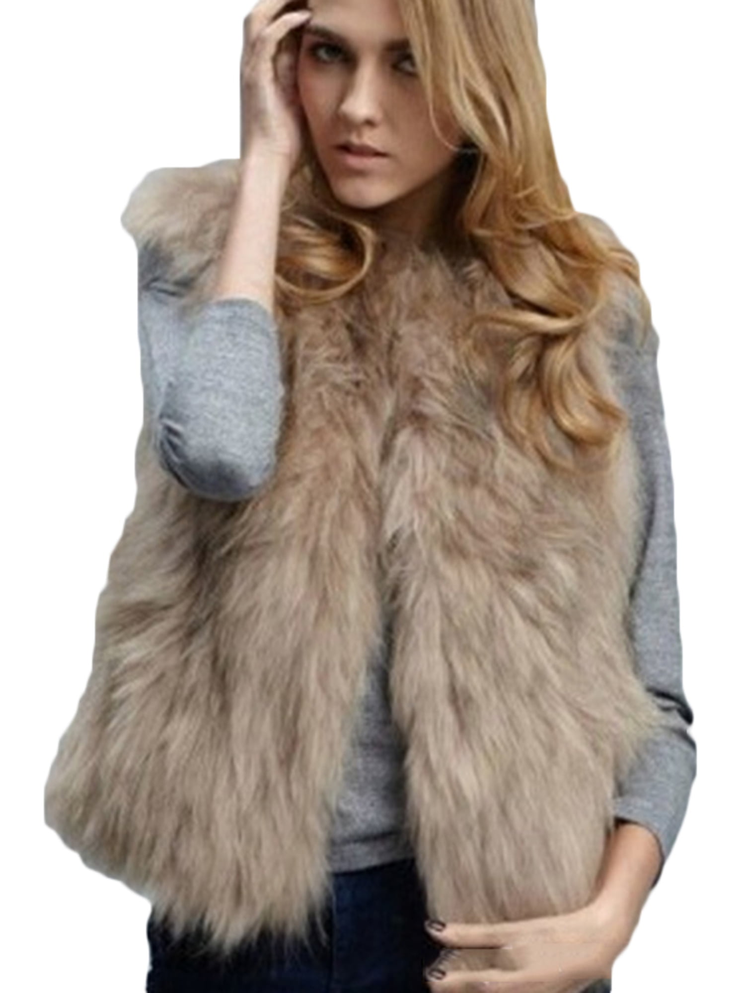 Faux Fur Vest,Womens Wool Stand Collar Coat Sleeveless Warm Jacket by-NEWONESUN 