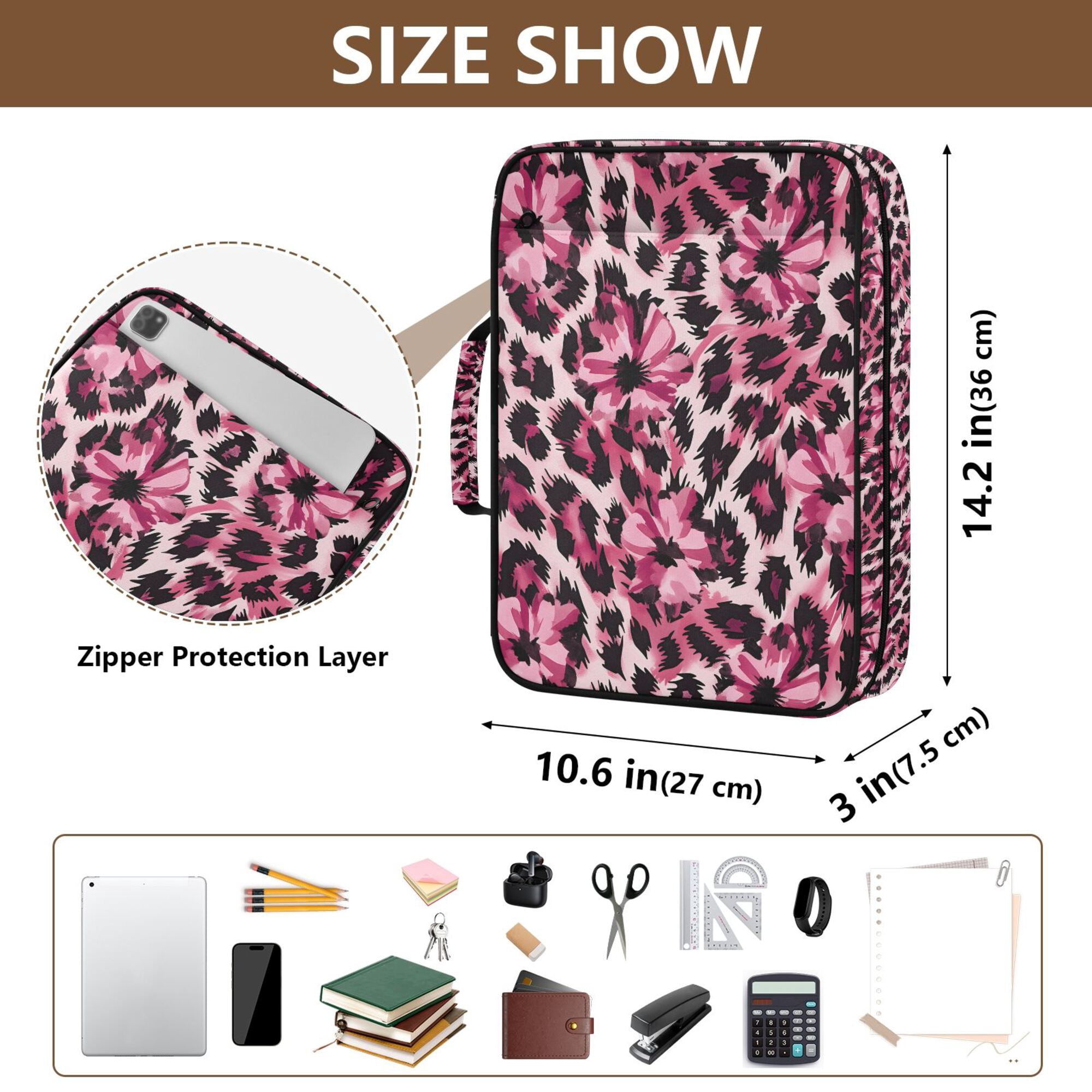 FORMRS Accordion File Folder A4 Size 7-Pocket Expanding Document Organizer Bag with 3 Ring Binder, Pink Floral Leopard Pattern