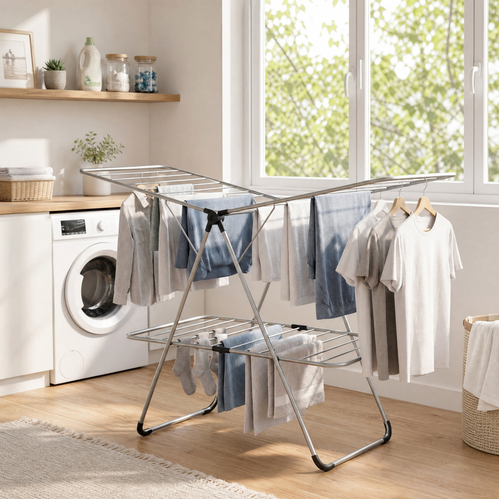 Vebreda Foldable Clothes Drying Rack, Foldable 2-Tier Clothes Drying Rack Heavy-Duty Aluminum Stainless Steel Laundry Airer, laundry drying rack
