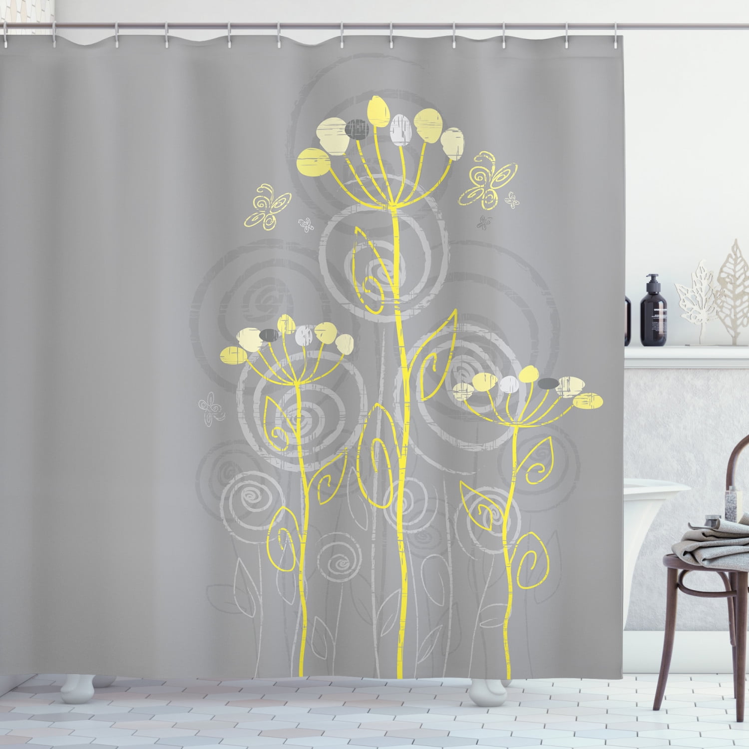 Grey and Yellow Shower Curtain, Under the Sea Inspired Flowers Abstract
