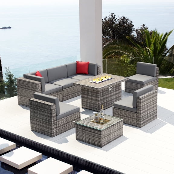 Dateyes 8 PCS Outdoor Patio Furniture Set with 44-inch Fire Pit Table, Gray Cushions