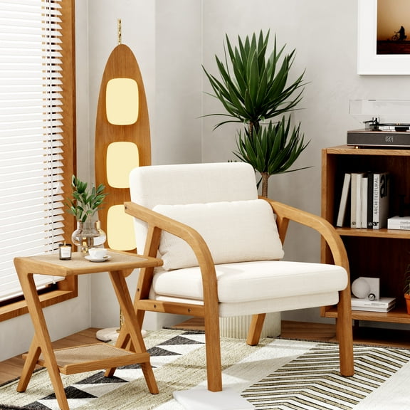 Andeworld Accent Chiar,Mid-Century Modern Chair with Pillow，Upholstered Arm chair for Living Room,Bedroom(Beige)