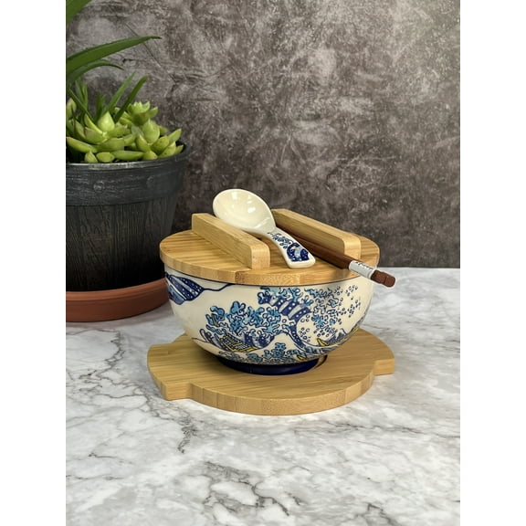 Ramen Bowl Blue Waves Japanese Kamameshi Style Ceramic Rice Bowl Noodle Bowl with Bamboo Lid Tray Chopsticks, 24 fl oz Bowl, Gift Set, Home Living Gift, Idea, Bowl for Udon