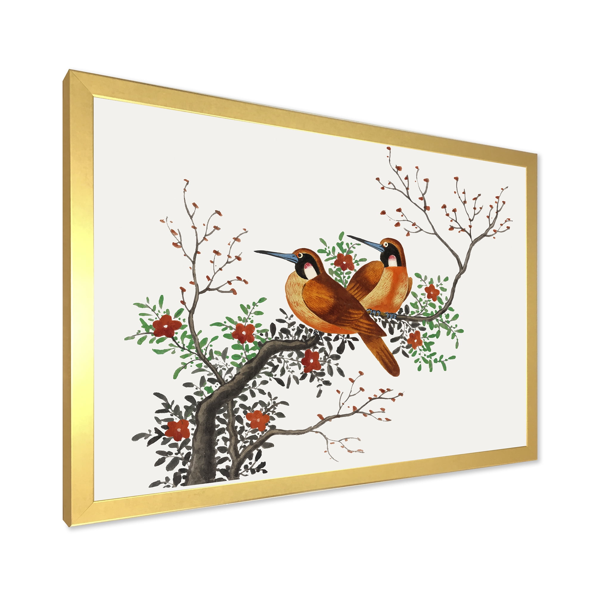 A Flowering Tree Branch With Two Chinese Birds 32 in x 16 in Framed Painting Canvas Art Print, by Designart
