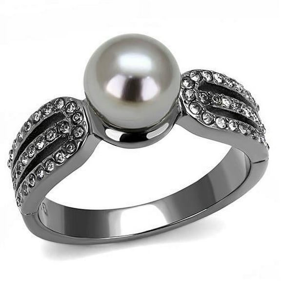 IP Light Black (IP Gun) Stainless Steel Ring with Synthetic Pearl in Gray for Women Gray Stone Color Style TK3170 Size 10