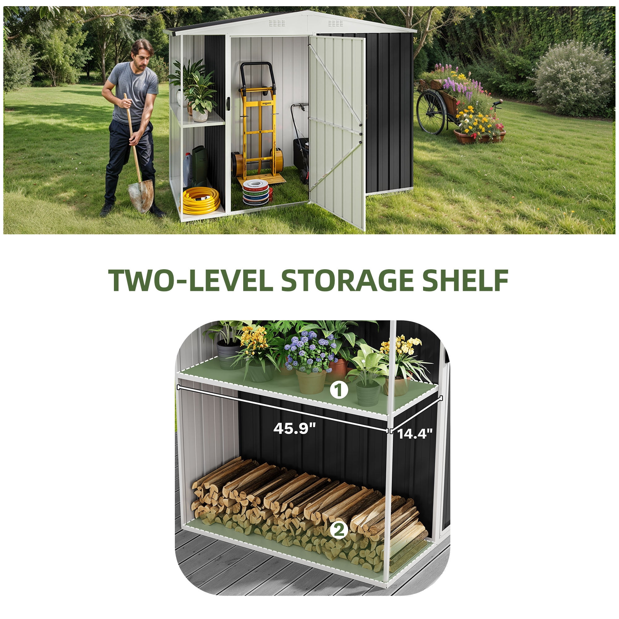 Uforic 8x4 FT Outdoor Metal Storage Shed with Shelves, Lockable Tool Cabinet for Garden (Black)