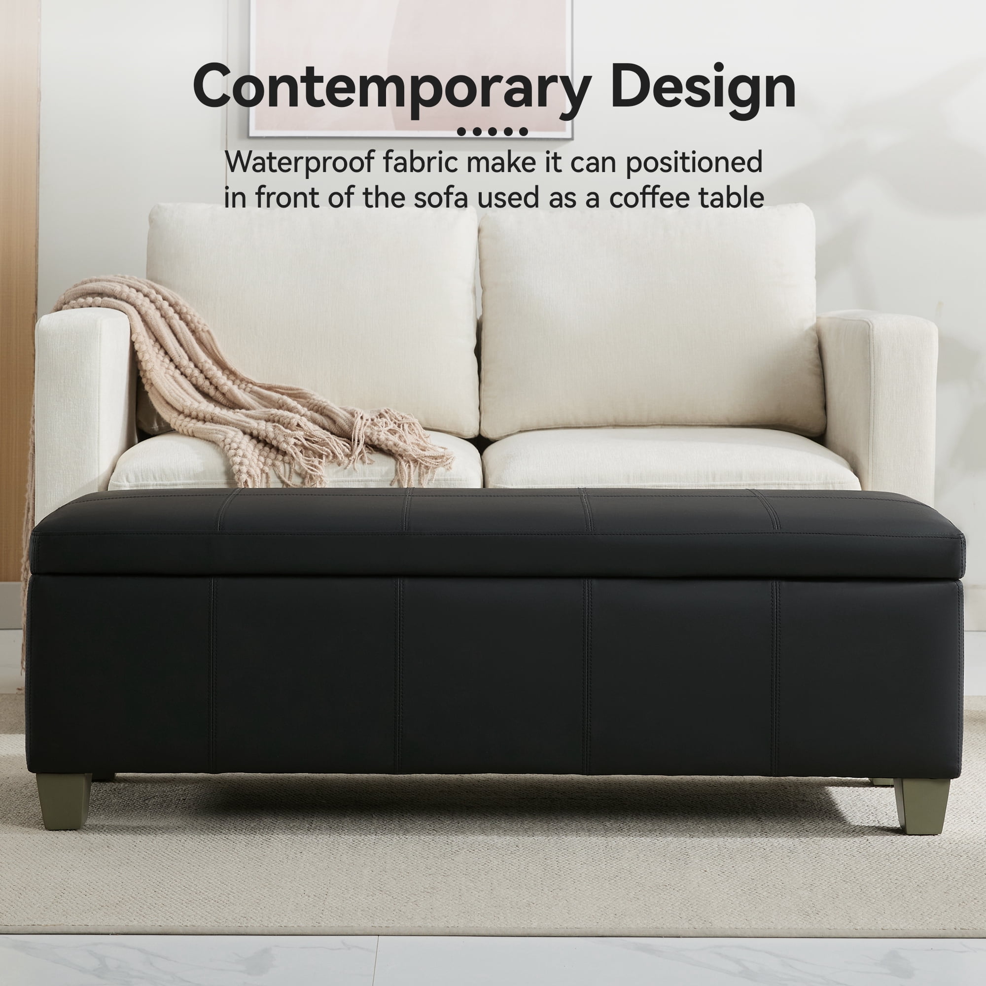 51" Faux Leather Storage Ottoman Bench with Wooden Legs, Tufted Upholstered Seat, Sturdy & Spacious for Bedroom, Entryway, Living Room, Dark Black